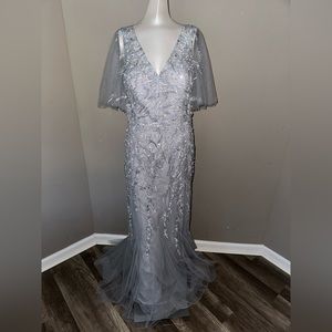 Teri Jon - Embroidered Tulle High Low Flutter Sleeve Dress